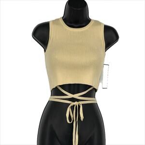 Goodnight Macaroon Avery Ribbed Crop Top with Ties in Yellow Size Small